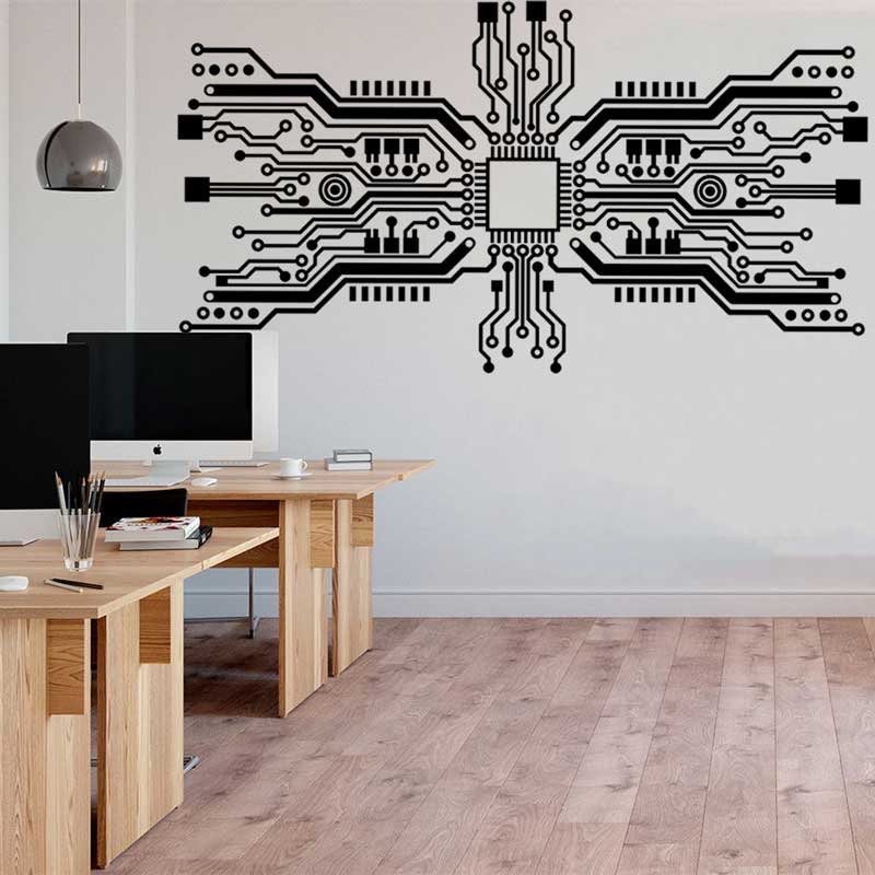 Tech Office Wall Decor - ชิปวงจรสติกเกอร์ติดผนังเทคโนโลยีซีพียูคอมพิวเตอร์ IT Science ซอฟต์แวร์ห้องเล่นวิทยาศาสตร์สำนักงานตกแต่งห้องไวนิลของขวัญ19ชิ้น